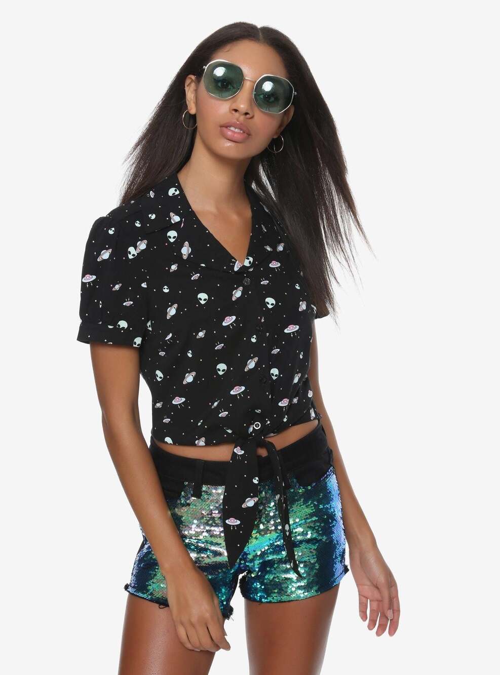 Hot Topic Alien and UFO Print Tie-Front Crop Woven Button-Up Shirt Size L